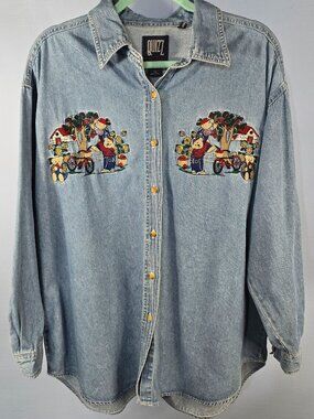 Vintage 90s Quizz Blue Denim Oversized Cottagecore Button Up Shirt Sz 22 (QQ-4)